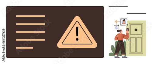 Large caution symbol with text, and a user verifying ID through facial recognition on a secure door. Ideal for security, cybersecurity, identity authentication, technology, privacy, online safety