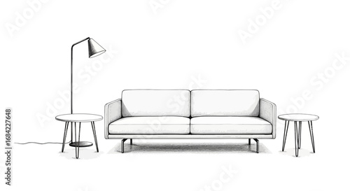 Minimalistic interior illustration with white sofa and modern lamp stand