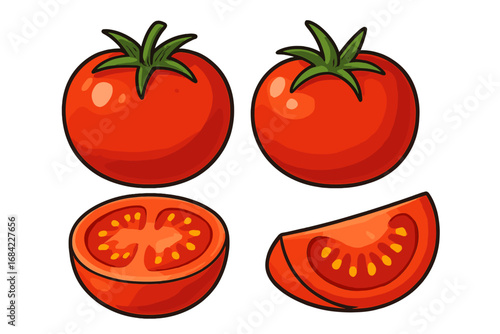 Set of fresh red tomatoes. Whole, half and sliced tomato. Vector illustration. Healthy food ingredient. Cartoon vegetable icon collection for cooking, diet, organic concepts.