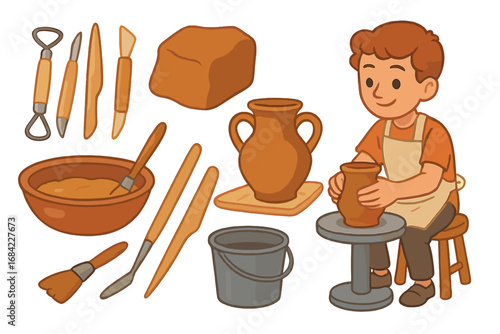Set of vector cartoon icons for a pottery workshop. Man creates a clay pot on a potter's wheel. Craftsmanship, hobby, handmade ceramics, creative process and tools.