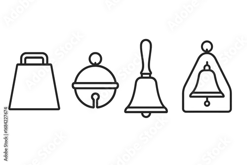 Traditional bell icon set. Outline vector collection of cowbell, sleigh bell, handbell, and ship's bell. Simple line art for concepts like sound, alarm, Christmas, or farming.