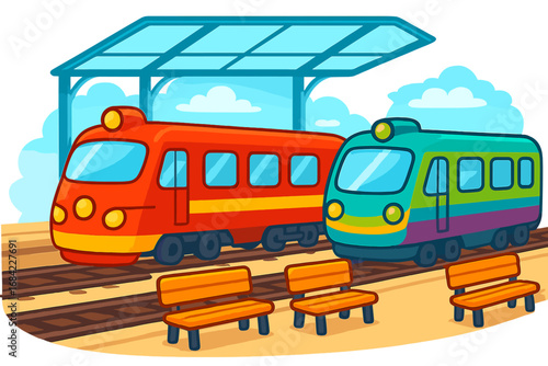 Colorful train station with vibrant cartoon trains. Vector illustration of a railway platform with benches. Public transport hub for metro or subway travel. Journey and commute concept.