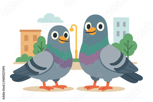 Two cute cartoon pigeons in city park. Cute cartoon bird couple. Vector flat illustration of urban animals. Funny dove characters. Cityscape background. Friendship concept.