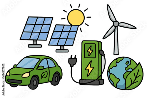 Eco-friendly green energy concept. Electric car at charging station, solar panels, wind turbine and planet earth. Renewable power source. Vector cartoon illustration set.