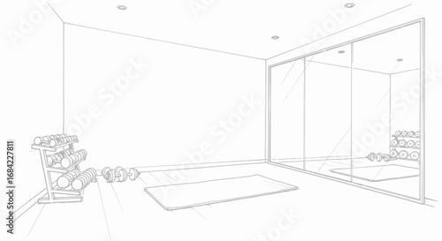 Modern Home Gym Design Sketch with Dumbbells and Exercise Mat