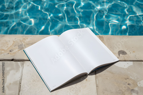 Relaxing Poolside, Open Book with Blank Pages for Creative Content, Writing, or Vacation Ideas