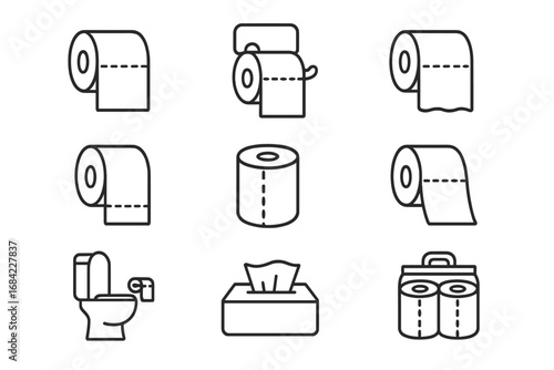 Toilet Paper Related Line Icons for Websites, Books, Cards, and Apps, Editable Stroke Vector Cartoon Illustration Including Toilet, Tissue Box, and Roll Designs for Hygiene and Home Essentials