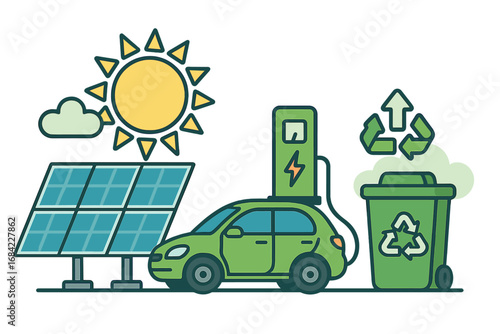Sustainable energy concept with solar panel, electric vehicle at charging station, and recycling bin. Eco-friendly lifestyle, green power, and environmental conservation vector.