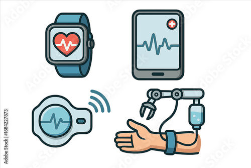 Medical technology icon set for digital healthcare. Health monitoring with smartwatch and wireless sensor. Robotic treatment and telemedicine concept. Vector cartoon illustration.