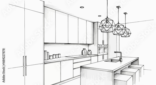 Modern kitchen design sketch showcasing island pendant lights elegance
