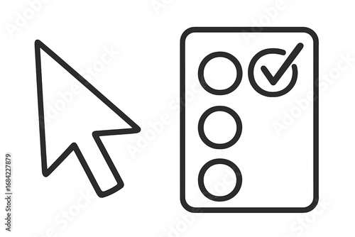 Cursor arrow selecting an option on a checklist. Concept for survey, test, poll, questionnaire, exam, or voting. UI element for web and application. Vector line icon.