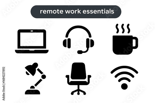 Remote work essentials icons set with laptop, headset, coffee mug, desk lamp, ergonomic office chair, and Wi-Fi symbol, solid filled vector illustration for home office and telecommuting productivity