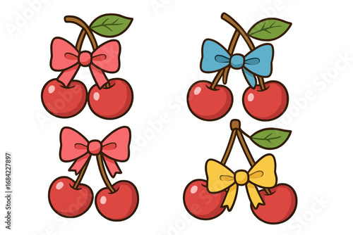 Cute cherry vector illustration set with colorful bows. Cartoon fruit icons for decorative crafts, scrapbooking, and stickers. Kawaii food design elements with leaves collection.