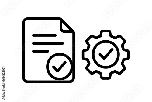 Execution and implementation icon set. Concept of project management, compliance, and quality control. Approved document, report, and validated process gear. Workflow automation.