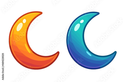 Crescent moon icon set. Shiny cartoon moons with glossy gradient. Celestial body for fantasy or magic themes. Night sky symbol. Vector game asset or GUI element.