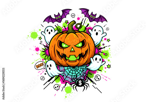 Neon Green and Pink Halloween Pumpkin with Ghosts, Bats, and Spider PNG on Transparent Background