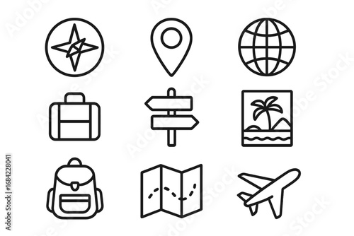 Travel and Journey Related Line Icon Set, Compass, Location, Globe, Suitcase, Signpost, Vacation, Backpack, Map, Airplane, Outline Vector Icons for Graphic Design, Web, Apps, Advertisements