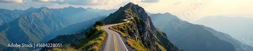 A winding road ascending a mountain, symbolizing the journey of career progression and the challenges overcome along the way to success , destination, perseverance, uphill climb