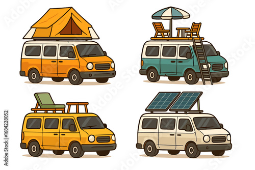 Set of camper vans for road trip. Van life collection with rooftop tent, solar panels, and terrace. Motorhome for travel and vacation. Vector cartoon illustration.