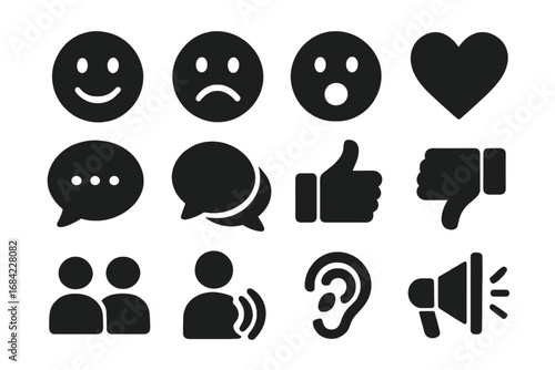 Emotion and communication solid icon set. Social interaction symbols. Feedback, review, rating concept. Like, dislike, love, happy, sad, talk, listen. User interface glyphs.