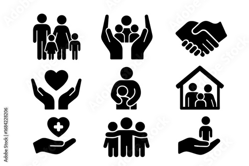Family and community solid icon set. Support, care, charity, shelter, and aid glyph icons. Social work, protection, love, help, donation, and friendship vector symbols.