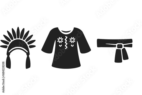 Traditional clothes icon set. Ethnic costume silhouette collection. Native American indian headdress, embroidered folk blouse shirt, sash belt. Culture fashion vector glyphs.