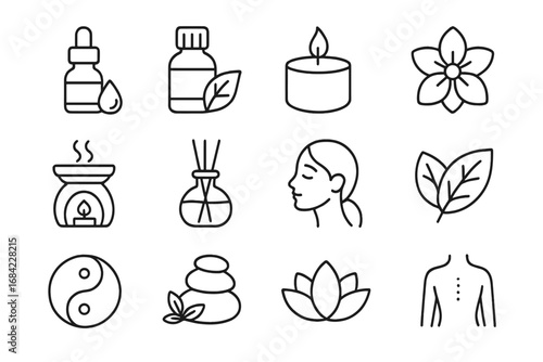 Aromatherapy and spa outline icon set. Essential oil, massage, yoga and meditation vector symbols. Wellness, relaxation, beauty and self care thin line pictograms.