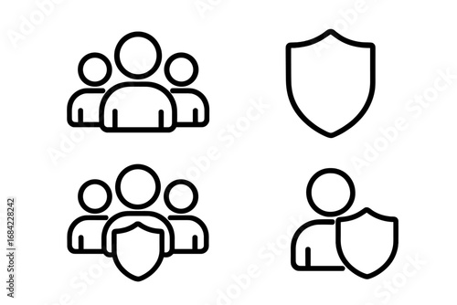 Vector icons set with people group and shield protection symbols, user security, community safety, privacy concept, protection shield, teamwork and personal data defense, transparent background