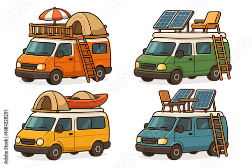 Set of camper vans with rooftop tents, solar panels, and camping gear for van life adventure. Vector cartoon illustration of motorhomes for travel, vacation, and road trips.