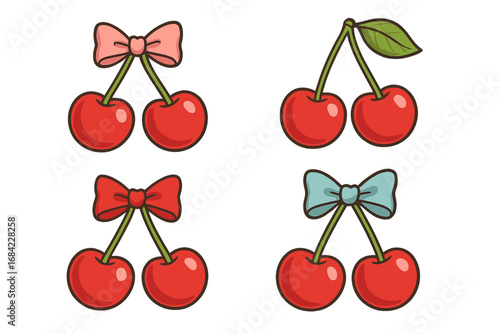 Cute cherry set with bows vector illustration. Kawaii cartoon fruit clipart collection. Sweet summer berry with ribbon for stickers, crafts, and decorative coquette aesthetic design.