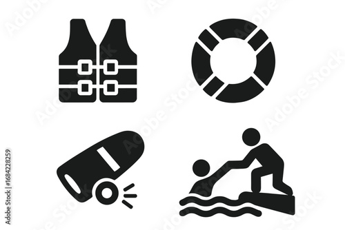 Water safety icons set, solid filled vector illustrations including life jacket, lifebuoy, rescue board, signal whistle, and rescue actions for emergency and safety awareness design