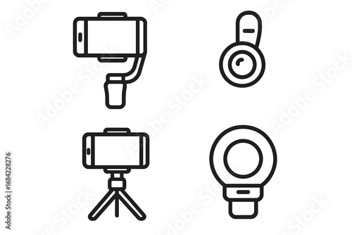 Mobile photography and videography gadget icon set. Vector outline icons for content creator, vlogger. Smartphone gimbal, clip-on lens, mini tripod, and ring light illustration.