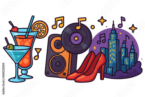 Vibrant Nightlife Scene with Colorful Cocktails, Music Records, Stylish Red Heels, and City Skyline Illustration for Party and Entertainment Themes