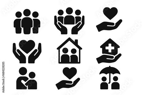 Solid glyph icon set of family, community, and social support. Icons for charity, care, donation, love, shelter, aid, health, and life insurance protection. Vector symbols.
