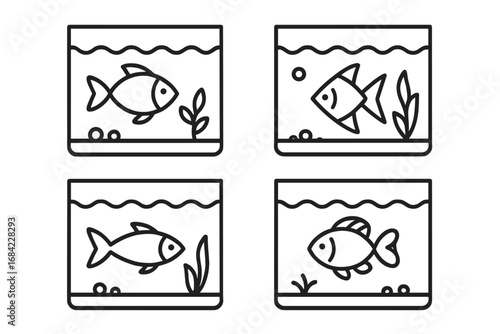 Fish in aquarium line icon set. Minimalist pet fish in water tank linear pictogram collection. Simple vector cartoon illustration for web, graphic design, apps, and logo.