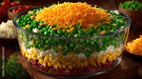 Colorful Layered Salad with Fresh Vegetables and Cheese Topping