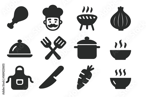 Food and cooking solid icon set. Meat, chef, grill, and kitchen utensil icons solid glyph collection. Vector illustration of restaurant symbols. Barbecue and cooking pictograms.
