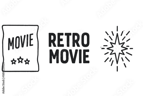 Retro movie icon set with vintage poster elements, distressed paper texture, bold title typography, starburst design, classic cinema symbols, vector illustration on transparent background