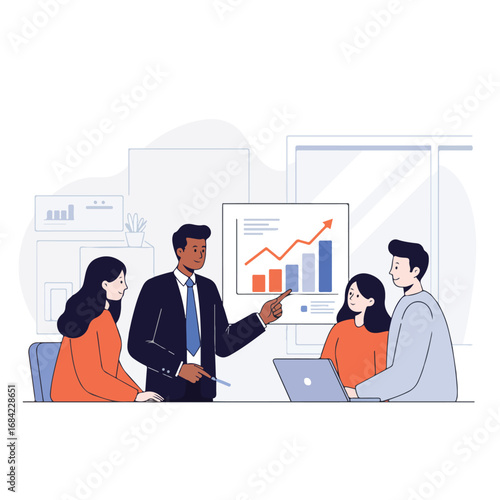 A business meeting with a presenter and three attendees