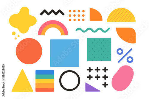 Big set of modern abstract vector elements. Memphis style geometric shapes collection. Colorful minimalist background constructor for poster, banner or web design project.