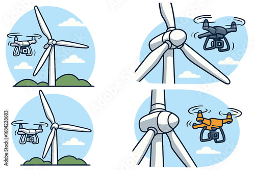 Drone inspecting wind turbine vector set. Aerial quadcopter technology for renewable green energy maintenance and surveillance. Windmill power cartoon icon collection.