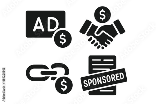Monetization methods solid glyph icon set. Vector symbols for digital marketing and online business income. Ad revenue, brand deal, affiliate link, and sponsored post.