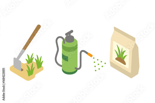 Isometric Rice Paddy Maintenance Icon Set with Weeding Hoe, Pesticide Sprayer, Fertilizer Bag, Agricultural Tools and Farm Crop Care Vector Illustration