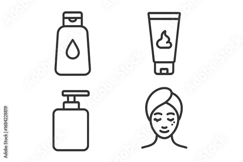 Shampoo, Gel, Skincare and Beauty Line Icon Set in Minimalistic Linear Style. Simple Vector Pictograms for Web, Graphic Design, Apps, Banners, Social Media, Cards. Clean Cosmetic and Self-Care Symbols