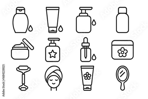 Minimalistic linear shampoo gel skin care and beauty line icon set for web and graphic design, apps, banners, social networks, cards, vector cartoon style beauty and wellness symbols
