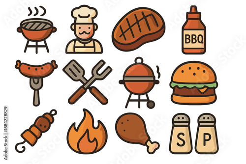 Grilling and barbecue filled icon set. Collection of cookout and BBQ symbols. Vector cartoon illustration of summer food, steak, hamburger, sausage, and chicken for a picnic.