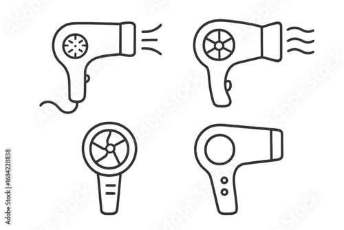 Hair dryer line icon set. Minimalist pictogram collection for web, apps, and graphic design. Hairdryer, blowdryer, and salon equipment symbols. Vector outline illustration.