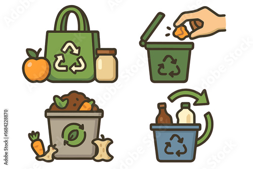 Eco-friendly lifestyle icons for waste reduction and recycling. Sustainable living concept with reusable bag, composting, and garbage sorting. Vector cartoon illustration set.