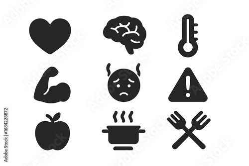 Health and stress solid icon set. Vector symbols for mental health, brain, fitness, food, cooking, temperature and warning. Glyph collection for web and mobile design.