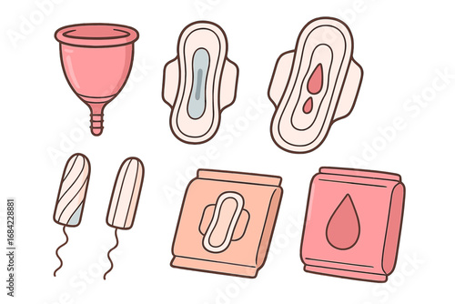 Feminine hygiene products vector icon set. Menstrual cup, sanitary pads, and tampons. Concept for women's health, period, menstruation, and the menstrual cycle. Intimate care.